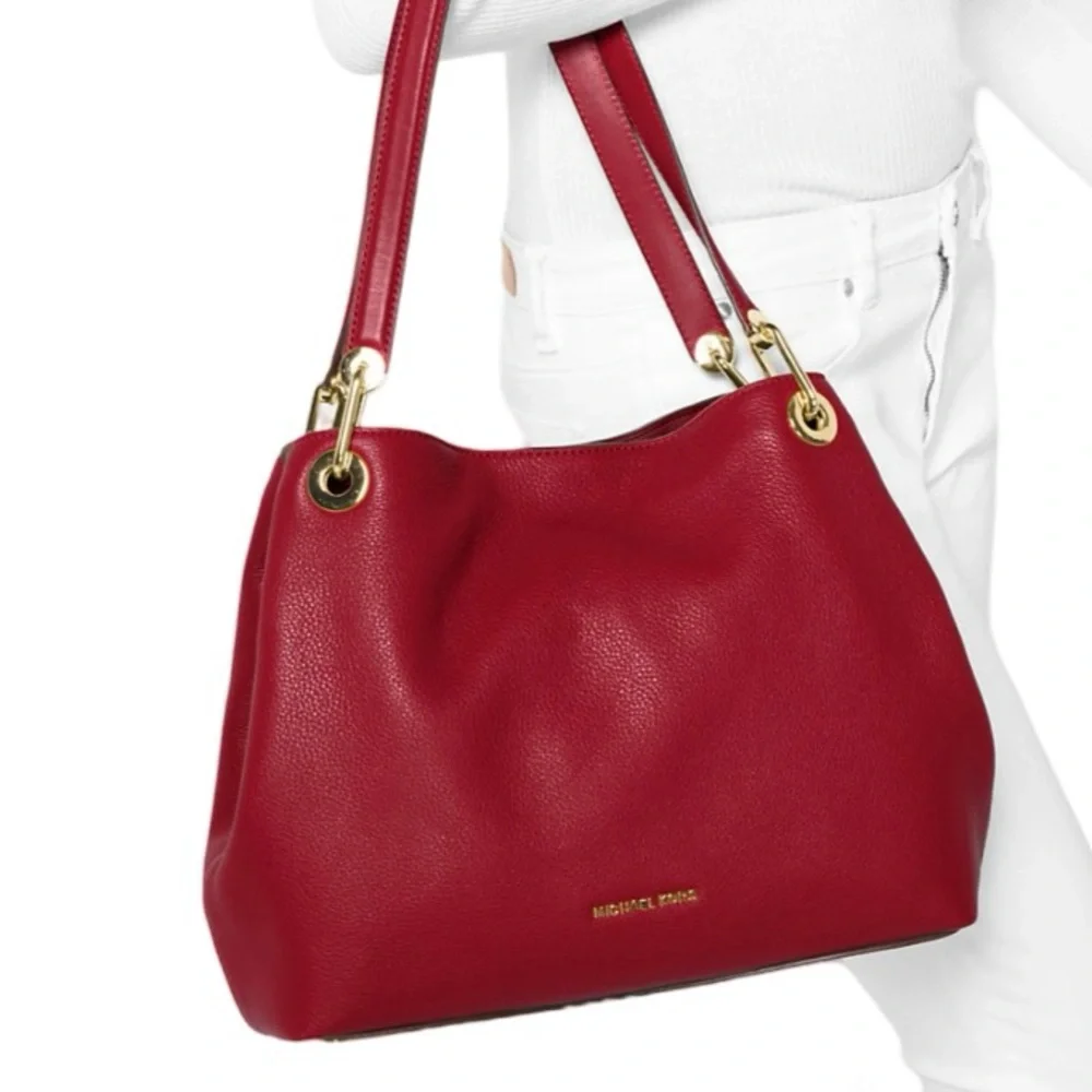 Michael Kors Raven Shoulder Tote Bag Red Pebbled Leather Gold Hardware NWOT - Picture 4 of 11